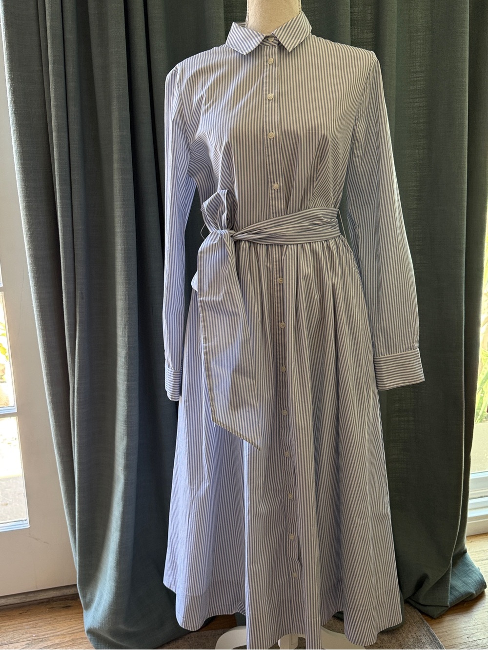 1901 Blue and White Striped Long Sleeve Shirt Dress with Waist Tie